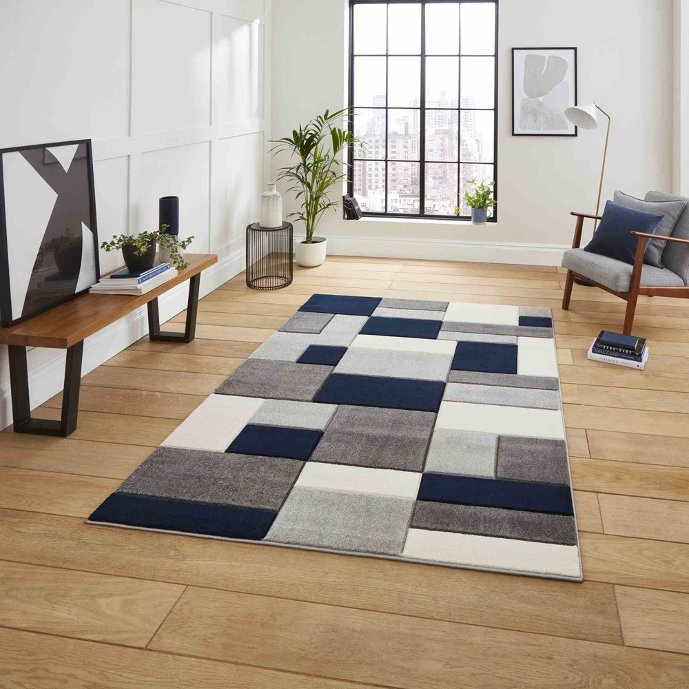 Matrix Modern Geometric Rugs In Grey Navy MT61